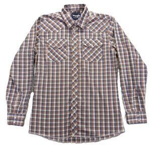 Wrangler Pearl Snap Shirt Men XL Long Sleeve Brown White Navy Check Plaid